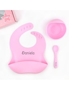 Vajilla con babero, bol y cuchara de silicona Rosa personalizada