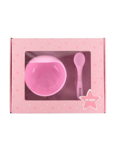 Vajilla con babero, bol y cuchara de silicona Rosa personalizada