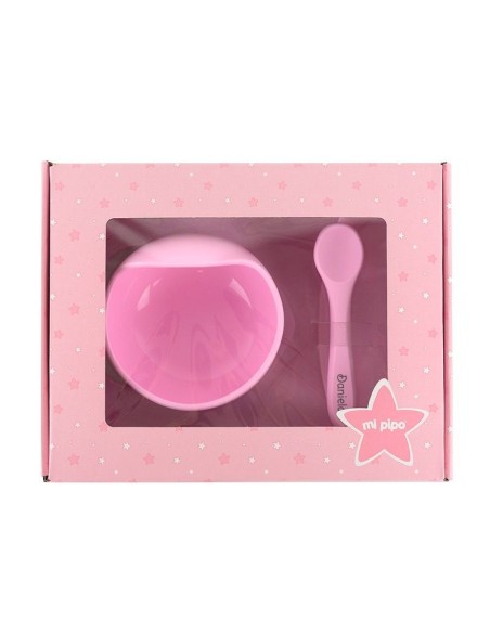 Vajilla con babero, bol y cuchara de silicona Rosa personalizada