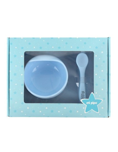 Vajilla con babero, bol y cuchara de silicona Celeste personalizada