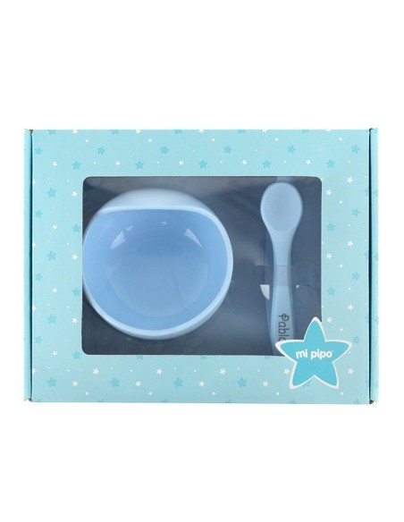 Vajilla con babero, bol y cuchara de silicona Celeste personalizada