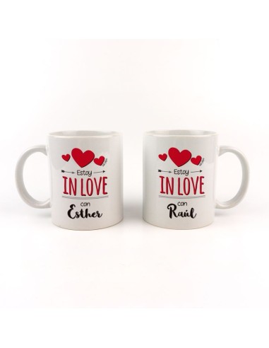 Pack Tazas cerámica o plástico Personalizada Estoy in Love (nombres)