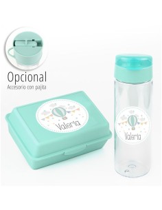 Pack Botella 600ml + Cajita Porta Alimentos Globo Menta personalizadas