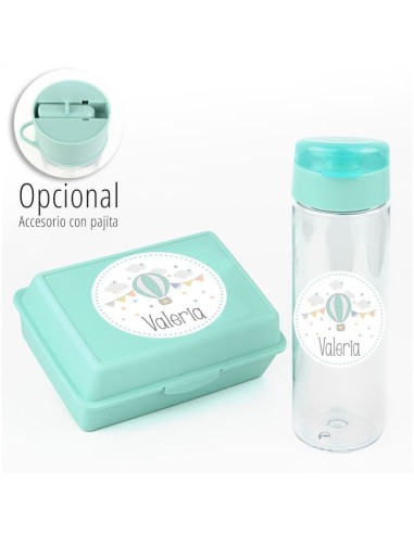 Pack Botella 600ml + Cajita Porta Alimentos Globo Menta personalizadas