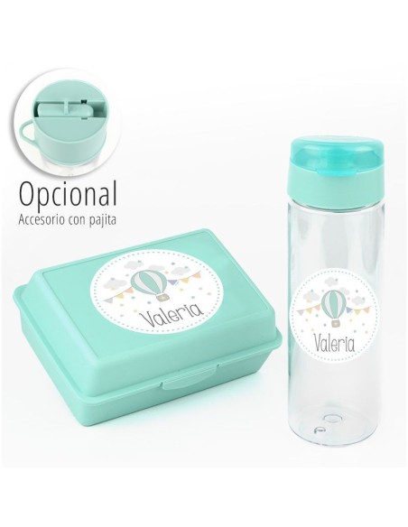 Pack Botella 600ml + Cajita Porta Alimentos Globo Menta personalizadas