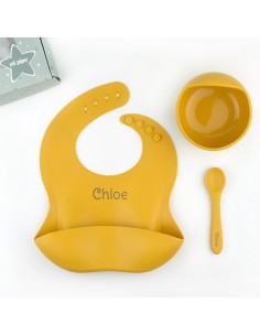 Vajilla con babero, bol y cuchara de silicona Mostaza personalizada