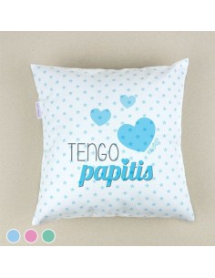 Cojín cuadrado piqué Tengo Papitis Menta, Azul o Rosa