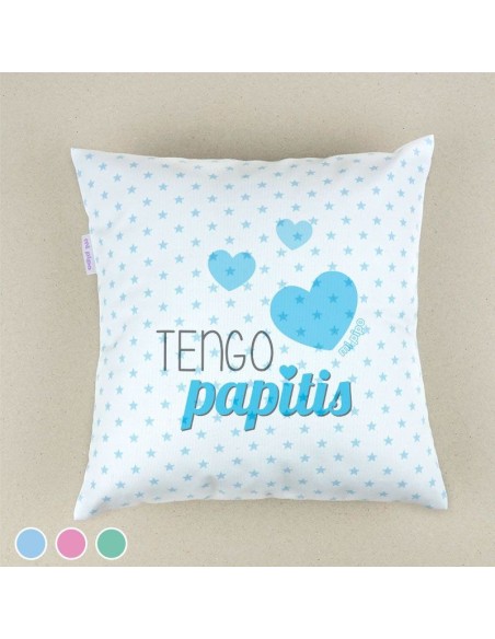 Cojín cuadrado piqué Tengo Papitis Menta, Azul o Rosa