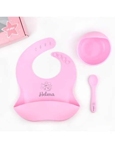 Vajilla con babero, bol y cuchara de silicona Personalizada Menta, dibujo a elegir