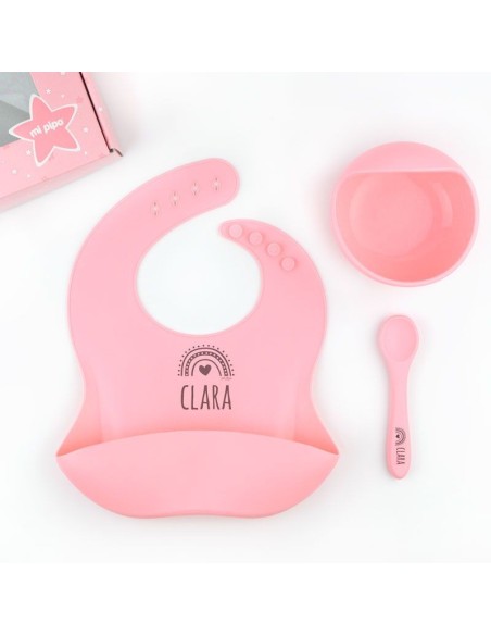 Vajilla con babero, bol y cuchara de silicona Personalizada Menta, dibujo a elegir