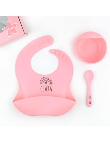 Vajilla con babero, bol y cuchara de silicona Personalizada Mostaza, dibujo a elegir