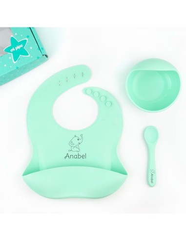 Vajilla con babero, bol y cuchara de silicona Personalizada Mostaza, dibujo a elegir