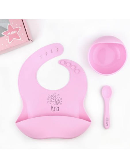 Vajilla con babero, bol y cuchara de silicona Personalizada Mostaza, dibujo a elegir