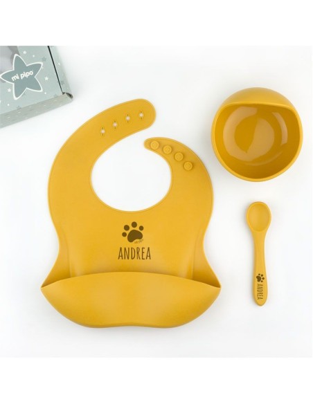 Vajilla con babero, bol y cuchara de silicona Personalizada Mostaza, dibujo a elegir