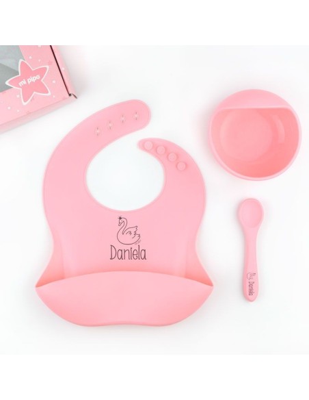 Vajilla con babero, bol y cuchara de silicona Personalizada Mostaza, dibujo a elegir