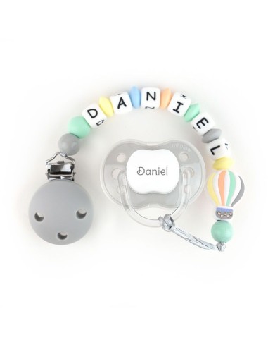 Cajita Chupete Gris + Cadenita de silicona Globo Gris personalizada