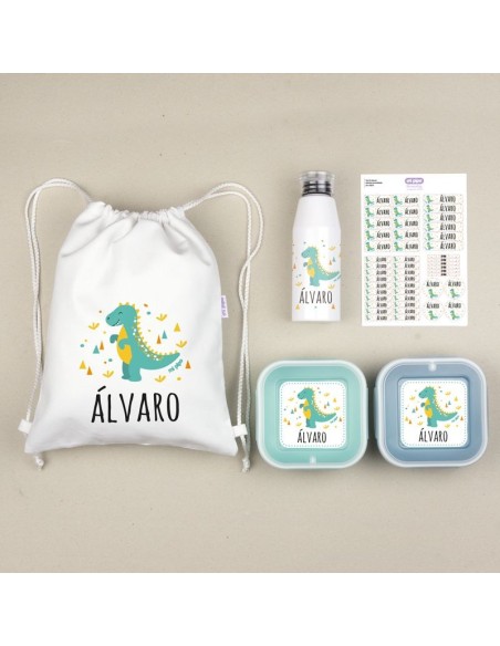 NUEVO Pack Mi Equipo para el Cole con Petate Dinosaurio personalizado + Regalo Etiquetas objetos