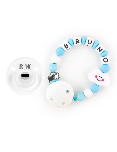 Cajita Chupete Gummy Blanco + Cadenita de Silicona Nube Azul