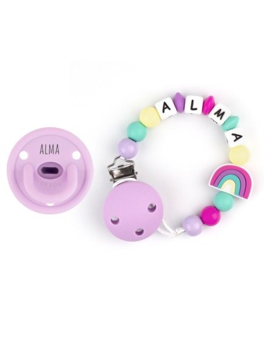 Cajita Chupete Gummy Lila + Cadenita de Silicona Arcoíris personalizada
