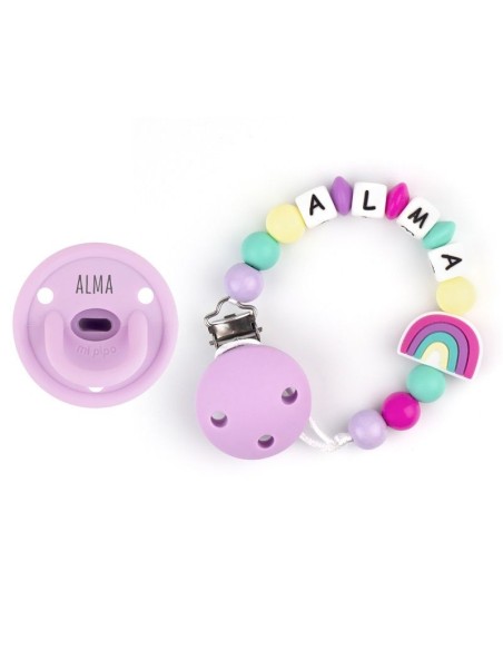 Cajita Chupete Gummy Lila + Cadenita de Silicona Arcoíris personalizada