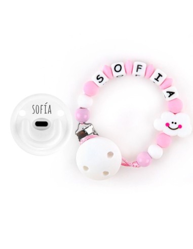Cajita Chupete Gummy Blanco + Cadenita de Silicona Nube Rosa personali