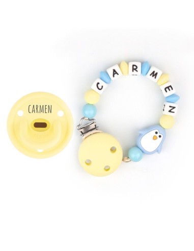 Cajita Chupete Gummy Amarillo Soft + Cadenita de Silicona Pingüino per