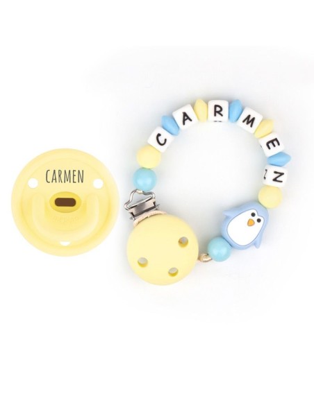 Cajita Chupete Gummy Amarillo Soft + Cadenita de Silicona Pingüino per
