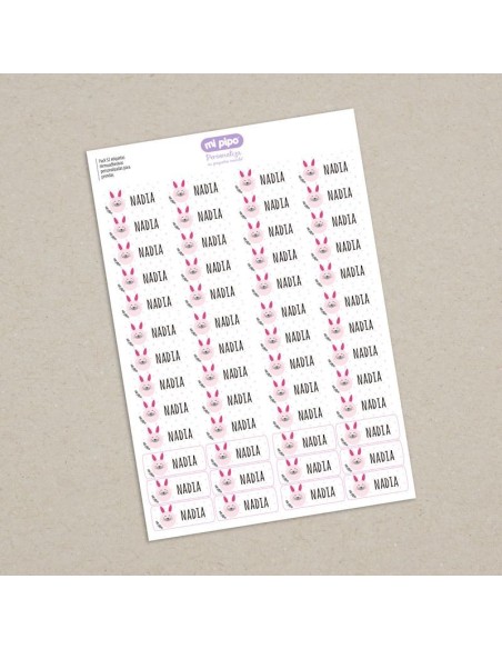 Pack 52 etiquetas termoadhesivas personalizadas para prendas Conejito Rosa