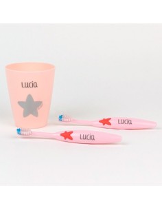 Set 2 Cepillos de dientes y Vasito Personalizados Rosa
