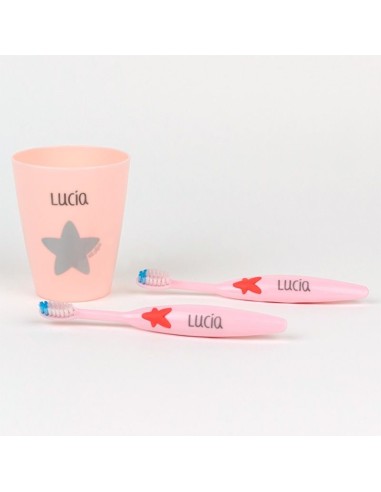 Set 2 Cepillos de dientes y Vasito Personalizados Rosa