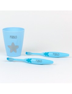 Set 2 Cepillos de dientes y Vasito Personalizados Azul