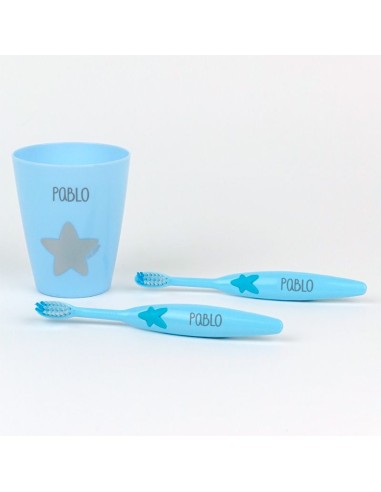 Set 2 Cepillos de dientes y Vasito Personalizados Azul