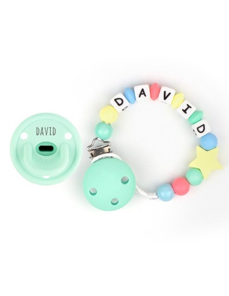 Cajita Chupete Gummy Menta + Cadenita de Silicona Estrella multicolor