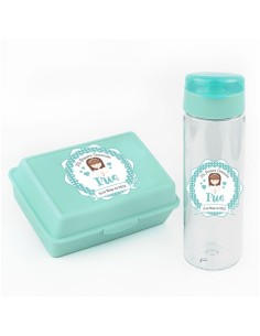 Pack Botella 600ml + Cajita Porta Alimentos Menta personalizadas Comunión Niña