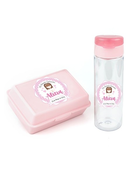 Pack Botella 600ml + Cajita Porta Alimentos Rosa personalizadas Comuni
