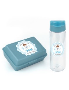 Pack Botella 600ml + Cajita Porta Alimentos Azul personalizadas Comunión