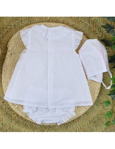 Vestidito de bebe blanco con gorro y braguitas